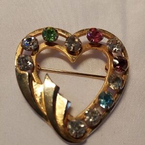 12K Gold Filled Harlequin Heart Brooch with Multicolor Gemstones